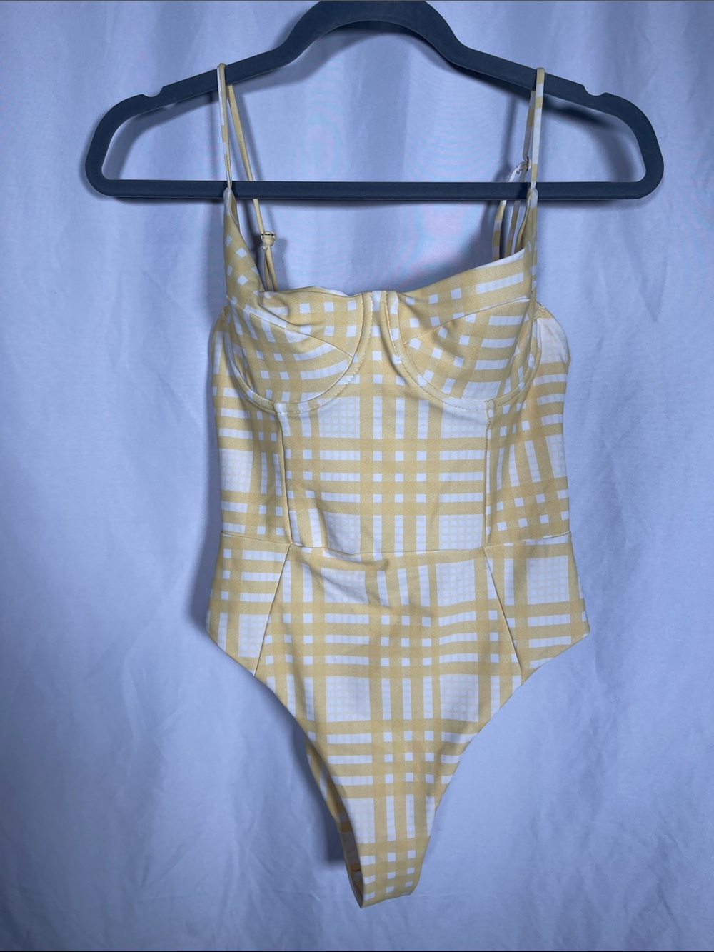 SKATIE WOMENS PLAID YELLOW ONE PIECE BATHING SUIT SWIMSUIT LARGE